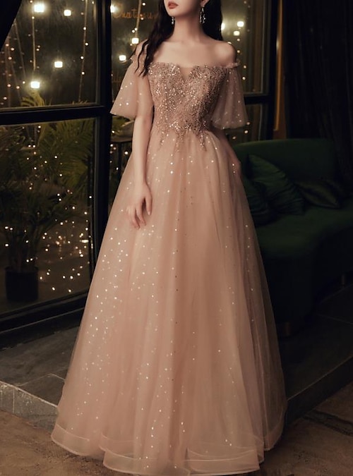 A-Line Evening Gown Elegant Dress Wedding Guest Wedding Party Floor Length  Short Sleeve Jewel Neck Capes Chiffon with Appliques Shawl 2024 2024 -  $167.99