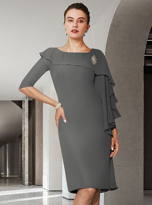 Sheath / Column Mother of the Bride Dress Elegant Jewel Neck Knee Length  Chiffon Half Sleeve with Ruffles Draping Crystal Brooch 2023 2024 - $131.99