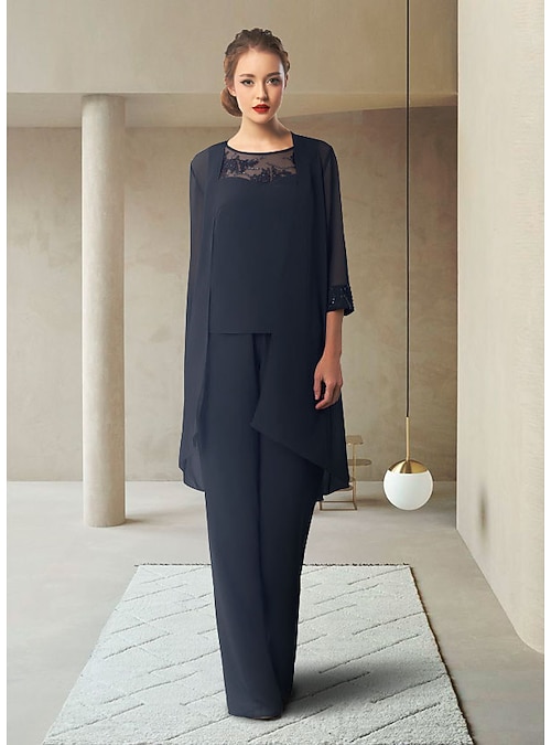 Spezzato completo pantalone Abito da cerimonia per signora Elegante Con  decorazione gioiello Lungo Chiffon Manica a 3/4 con Lustrini 2022 del 2022  a US $121.12