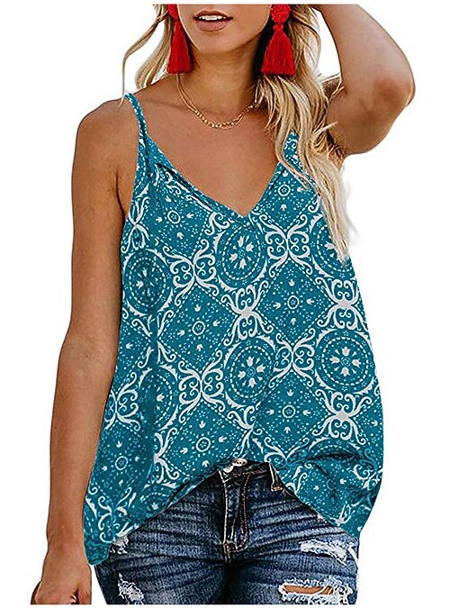 lindas blusas sin mangas boho estampado con cuello en v sueltas y fluidas  cami camisetas sin mangas camisas y blusas negro xl 2022 - US $14.94