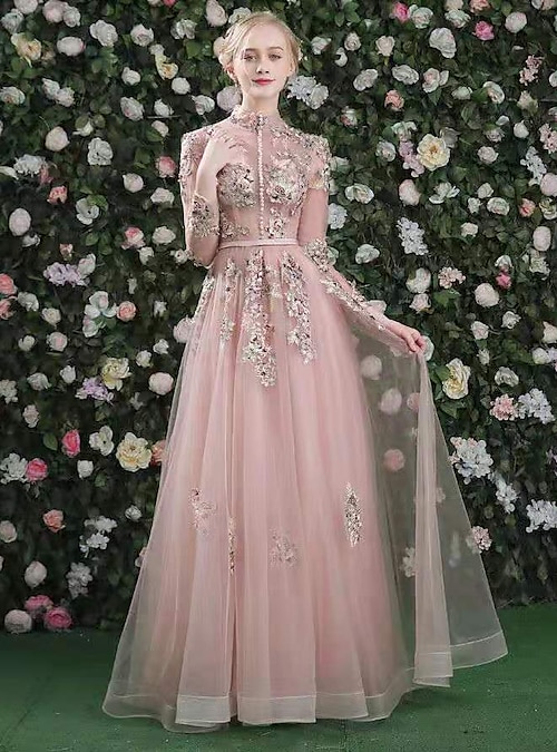 Embroidered Long Sleeve Prom Dress