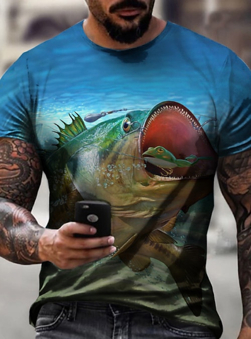 Fish Casual Mens 3D Shirt For Fishing, Green Summer Cotton