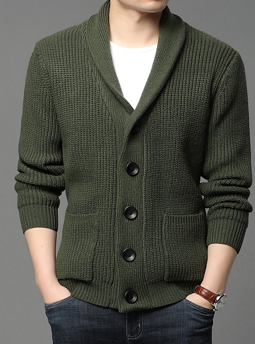 CNSTORE Men Autumn Winter Stand Collar Buttons Color Block Pocket Sweater