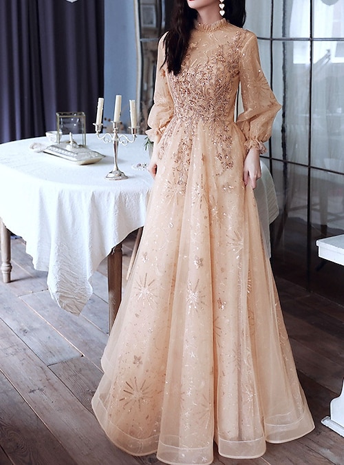 A-Line Glittering Elegant Engagement Formal Evening Dress High 