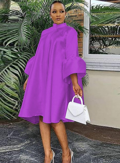 Women's Party Dress Knee Length Dress White Purple Yellow 3/4 Length Sleeve  Pure Color Ruffle Fall Winter Stand Collar Party Stylish Elegant Loose Fit  2022 S M L XL XXL XXXL 2022 - US $30.99