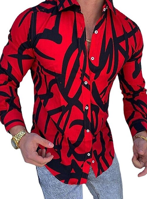 Men's Shirt Abstract Collar Street Daily Button-Down Print Long Sleeve Tops Casual Fashion Breathable Comfortable Red M