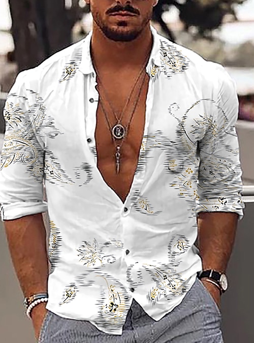 Men Shirts Long Sleeve Floral Print Polyester Casual Camisa Button Lapels Collar