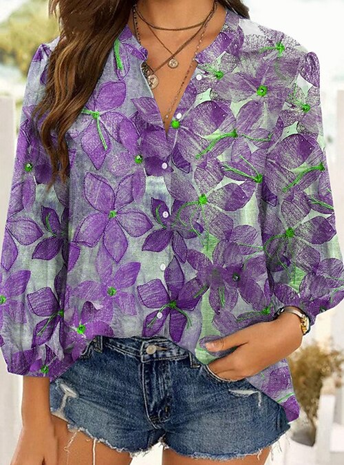 Women's Floral Theme Blouse Shirt Floral Graphic Button Print Standing  Collar Casual Streetwear Tops Blue Purple Green / 3D Print