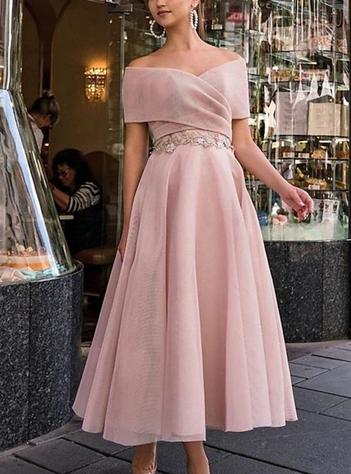 A-Line Princess Cute Wedding Guest Prom Dress Off Shoulder Short Sleeve Tea  Length Organza with Sash / Ribbon Pure Color 2022 2024 - $191.99