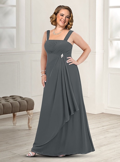 Two Piece A-Line Mother of the Bride Dress Wedding Guest Elegant Plus Size  Square Neck Floor Length Chiffon Sleeveless Jacket Dresses with Pleats dress  to impress 2024 2024 - $167.99