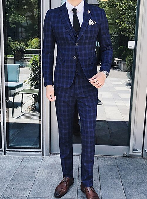 Blu Grigio Uomo Matrimonio Abiti 3 pcs scacchi Taglio sartoriale Monopetto  - 2 bottoni 2022 del 2022 a US $149.99