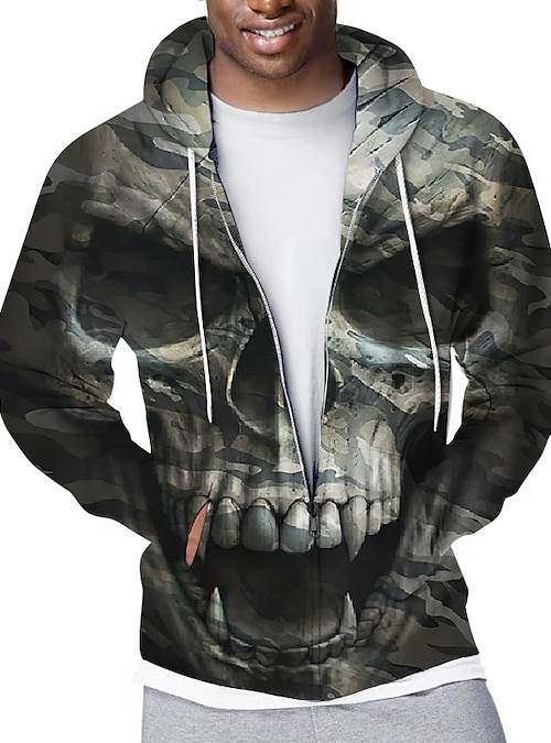 Men's Skull Hoodie - Zip Up  Skull Zipper Hoodie –