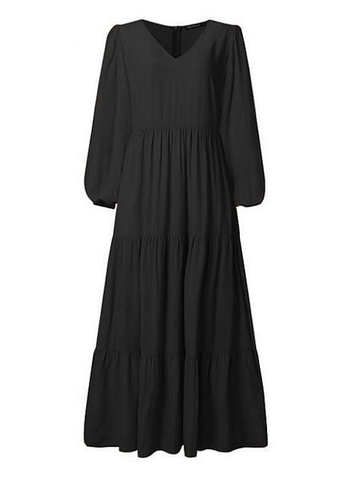 Women's Swing Dress Long Dress Maxi Dress Dark Green Brown Black Long Sleeve  Pure Color Ruched Pleated Patchwork Fall Spring V Neck Boho Casual Fall  Dress Lantern Sleeve Loose Fit M L