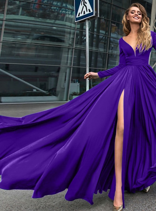 A-Line Evening Gown Empire Black Dress Holiday Wedding Guest Floor Length Long Sleeve V Neck Chiffon V Back with Slit Pure Color Masquerade Dress to impress 2026