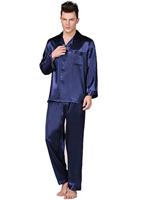 Hombre 2 Piezas Satén y Seda Pijama Top y pantalón de pijama Pijama de Seda Lujo Color Seda sintética Hogar Cama Comodidad Manga Larga Pantalón Verano Primavera Azul puro Cordón