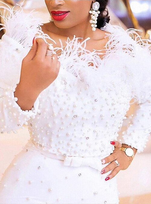 Bridal Shower Sparkle & Shine Little White Dress Bridal Shower Dresses Sexy Wedding  Dresses Sheath Off Shoulder Long Sleeve Ankle Length Sequined Bridal Gowns  With Feathers / Fur Pearls 2025 2026 - $304.99