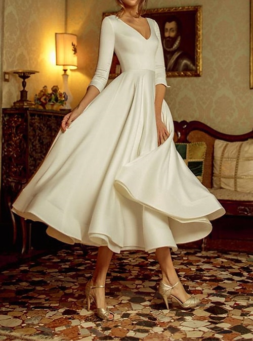 A-Line Wedding Dresses V Neck Tea Length Satin 3/4 Length Sleeve Simple  Vintage Little White Dress 1950s with Pleats 2022
