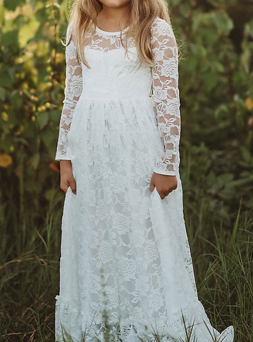 Kids Girls' Flower Girl Dress Dress Solid Colored Long Sleeve Wedding Party  Daily Lace Mesh Embroidered Cute Princess Cotton Maxi A Line Dress Tulle Dress  Fall Winter 3-12 Years White Beige 2026 - $35.99