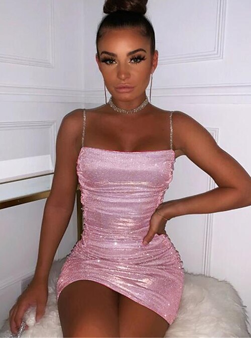 Women's Party Dress Sequin Dress Bodycon Mini Dress Pink Light Green  Sleeveless Pure Color Sequins Spring Summer Spaghetti Strap Hot Party Date  Slim