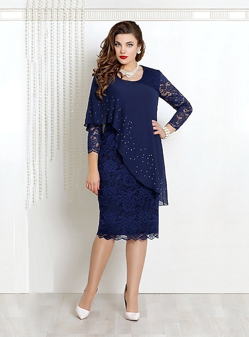 Women's Midi Dress Party Dress Work Dress Sheath Dress Church Dress Mature  Elegant Dress Office Date Tea Party Regular Fit Pure Color 3/4 Length  Sleeve Crew Neck Navy Blue Blue Green Spring