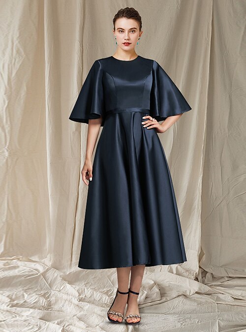 Sophisticated Satin A-Line Tea Length Dress with Half Sleeves and