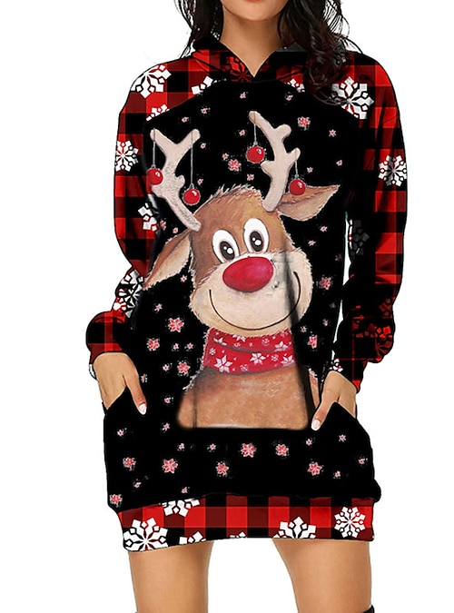 Minivestido Navideño Con Capucha Y Manga Larga Para Mujer Minivestido Navideño Con Capucha Y Manga Larga Para Mujer