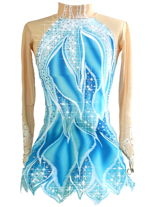 Robe De Patinage Artistique Femme Fille Patinage Robes Bleu élasticité Compétition Tenue De Patinage Cristal Manche Longue Patinage Artistique 