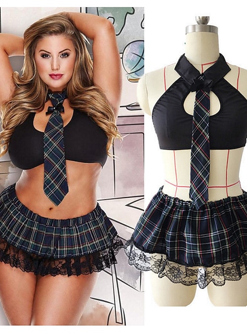 Womens Plus Size Sexy Lingerie Sets Party Halloween Valentines Day Retro Bow Hole Grid Plaid Lace Sexy Uniforms Hot Fall Winter Spring Club 2022 image