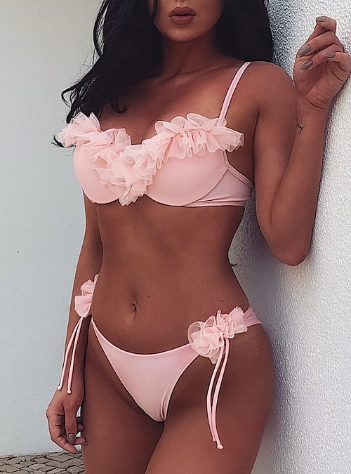 sweet pink solid lace up bikini