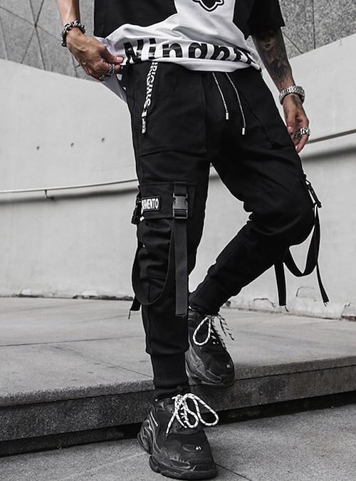 ropa de calle para hombre, con cinta, bolsillo con solapa, pantalones cargo,  joggers, pantalones elegantes con múltiples bolsillos, gráfico de letras,  cordón, cintura elástica, color sólido, largo 2022 - US $29.74