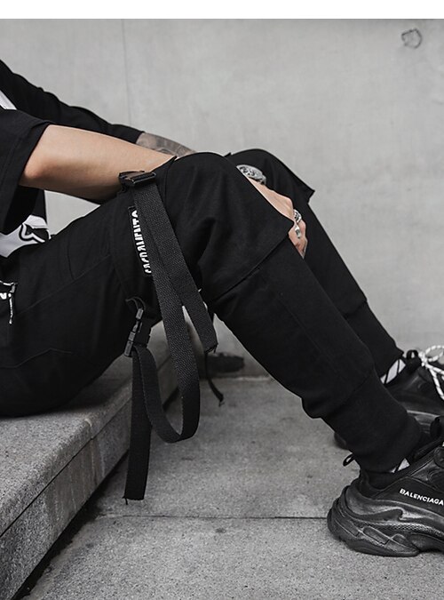 ropa de calle para hombre, con cinta, bolsillo con solapa, pantalones  cargo, joggers, pantalones elegantes con múltiples bolsillos, gráfico de  letras, cordón, cintura elástica, color sólido, largo 2022 - US $29.74