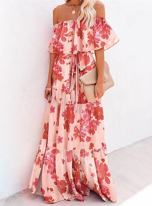 Summer Blue Floral off Shoulder Swing Dress 