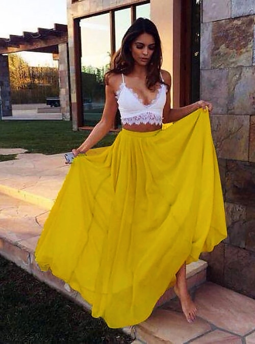Yellow Chiffon Maxi Skirt Outfit Yellow High Waisted Floor Pleated Chiffon  Skirt- CHIFFON / Top & Skirts