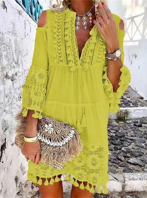 Per donna Vestito a trapezio Mini abito corto Blu Bianco Rosa Giallo Beige  Manica a 3/4 Colore puro Nappa Pizzo Freddezza Primavera Estate A V caldo  Informale Boho 2022 S M L