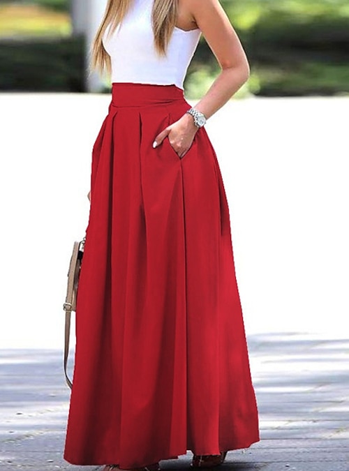 Mujer Falda Columpio faldas de Falda larga Maxi Poliéster Negro Rojo Faldas Verano Bolsillo Moda Casual Diario Fin de semana S M L 2023 - US $37.99