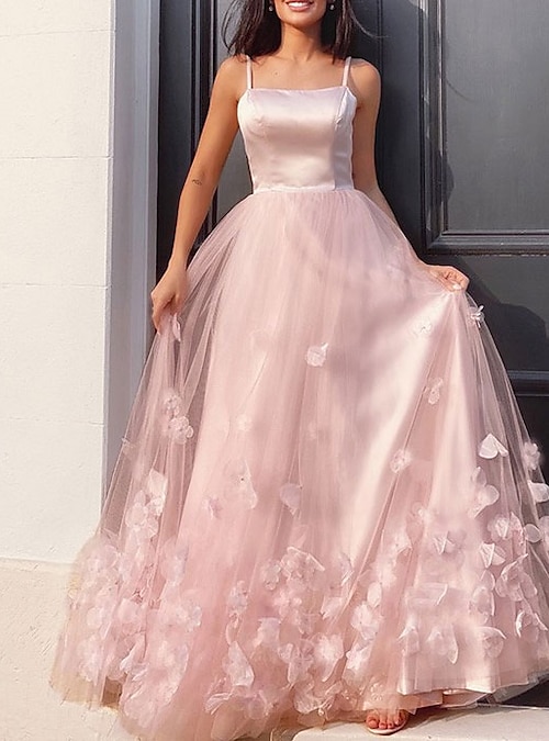 A-Line Prom Dresses Elegant Dress Engagement Floor Length Sleeveless Spaghetti Strap Tulle with Pleats Appliques 2023 2023 - US $169.99