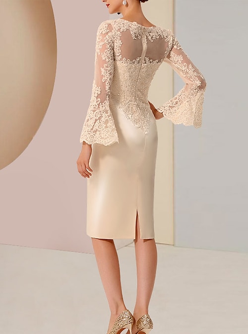 A tubino Abito da cerimonia per signora Taglia forte Elegante Vintage Con  decorazione gioiello Al ginocchio Di pizzo Raso Manica lunga con Con  applique 2022 del 2022 a US $127.2