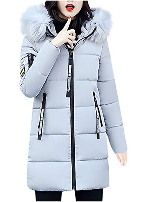 Winter Ladies Quilted Down Coat Puffer Fur Collar Hooded Jacket Parka,Women Outerwear Long Sleeve Hooded Zipper Quilted Puffer Cotton-Padded Coat 