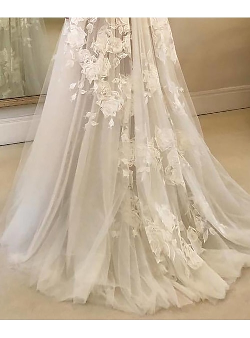 Boho Beach V Neck A Line Wedding Dress With White Lace Applique, Elegant  Tulle Fabric, Backless Design, And Sweep Train Plus Size Available CL2156  From Allloves, $112.83