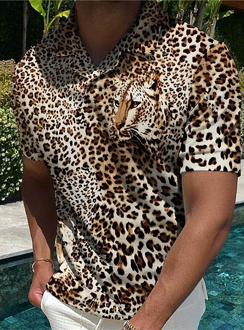 Men's Golf Shirt Leopard Animal 3D Print Turndown Casual Daily Short Sleeve Print  Tops Casual Fashion Designer Breathable Brown / Sports 2023 - US $12.99