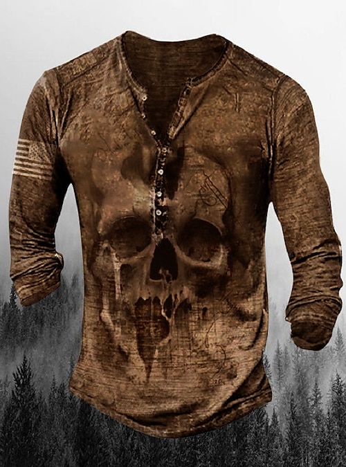 Men's T shirt Tee Henley Shirt Graphic Skull Henley Army Green