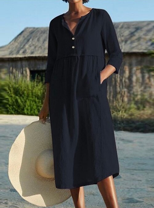 Women's Cotton Linen Dress Shift Dress A Line Dress Maxi long Dress Linen  Cotton Blend Hot Casual Daily Vacation Shirt Collar Pocket 3/4 Length Sleeve  Summer Spring Linen Loose Fit Black Pink