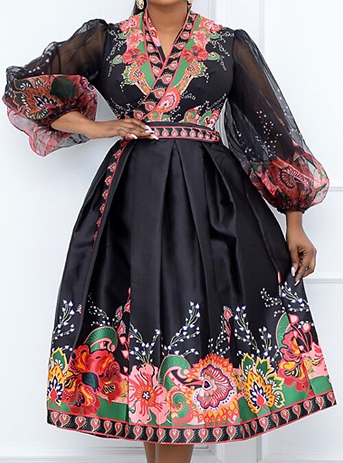 Lightinthebox Women's Plus Size Party Dress Floral V Neck Print Long Sleeve Fall Winter Work Prom Dress Midi Dress Party Going Out Dress