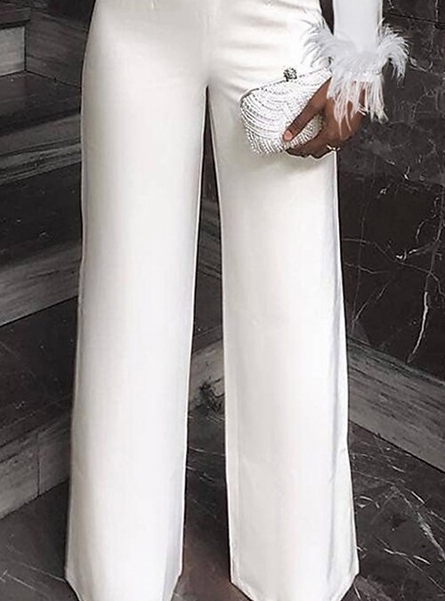 Women's Jumpsuit Feather Solid Color Deep V Elegant Party Evening Prom Wide  Leg Slim Long Sleeve White