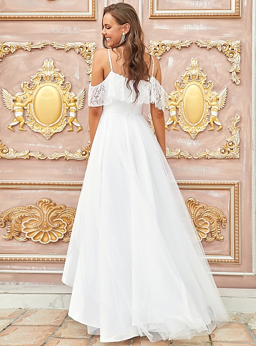 Reception Little White Dresses Boho Wedding Dresses A-Line Off Shoulder  Short Sleeve Asymmetrical Lace Bridal Gowns With Lace Draping 2024 2024 -  $95.99