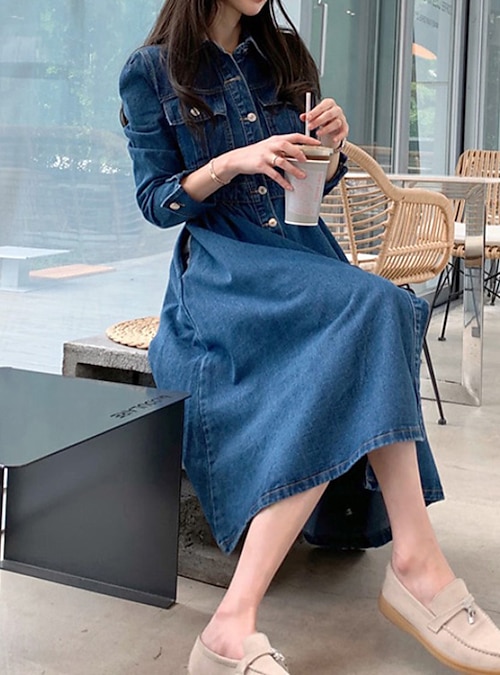 Women's Fall Denim Shirt Dress Long Sleeve Blouse Dress Jeans Shirts Dresses  Button Down Tops with Pockets at Amazon Women's Clothing store