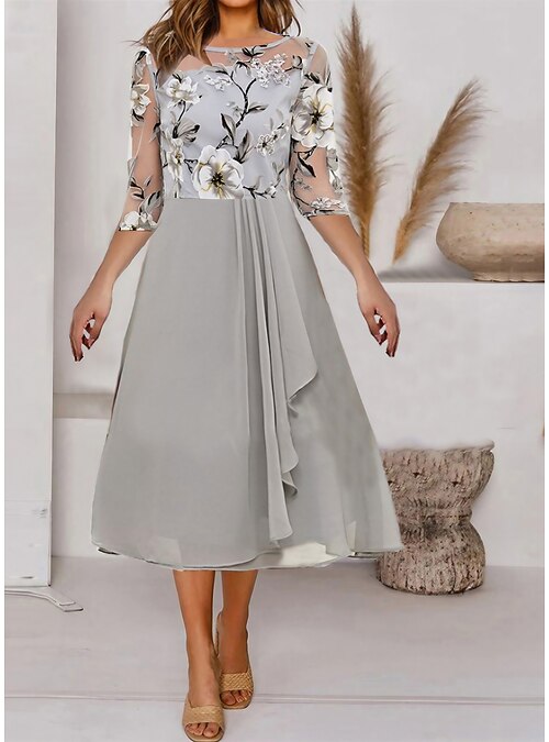 Women's Party Dress A Line Dress Midi Dress Gray Half Sleeve Floral Mesh  Spring Fall Autumn Crew Neck Elegant 2023 S M L XL XXL 2026 - $31.99