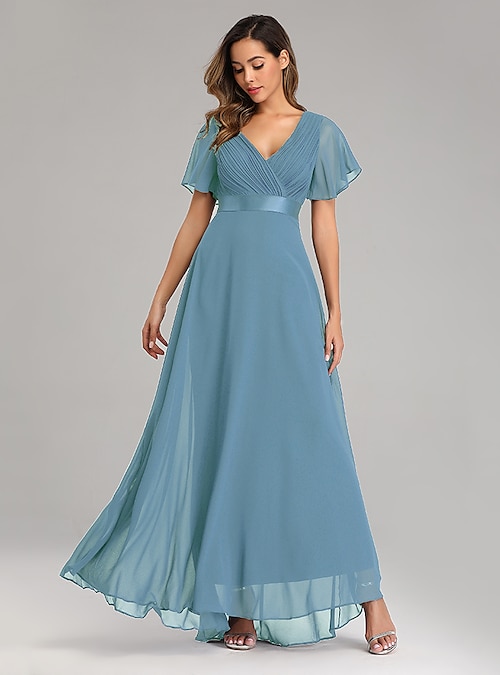 A-Line Ruched Wedding Guest Dress Beach Wedding Elegant Formal Black Tie  For Bridesmaid Floor Length Short Sleeve V Neck Chiffon V Back with Ruffles  dress to impress 2026 - CAD $139.99