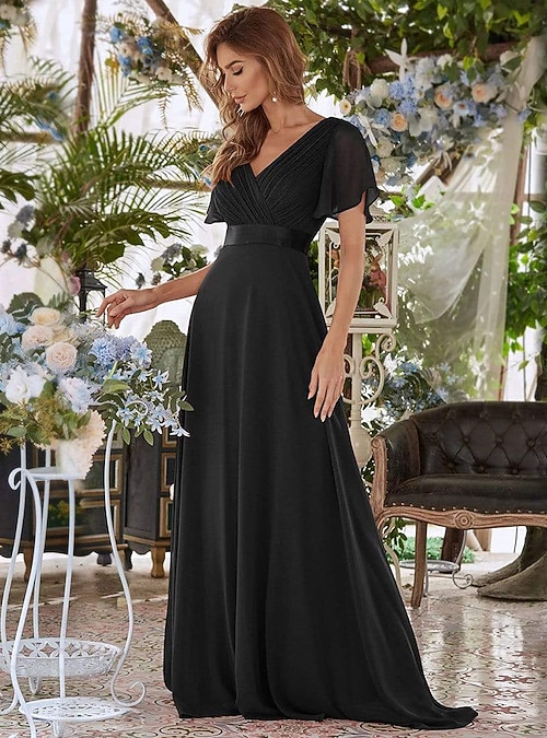 knee length dresses for ladies Elegant Shimmer Deep V Neck Empire Waist Kink Design Chiffon Dresses Tea  length Lining Evening Dress main image 0