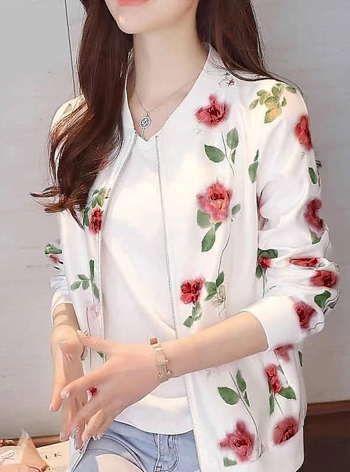  Women Jackets Spring Summer Long Sleeve Zipper Print